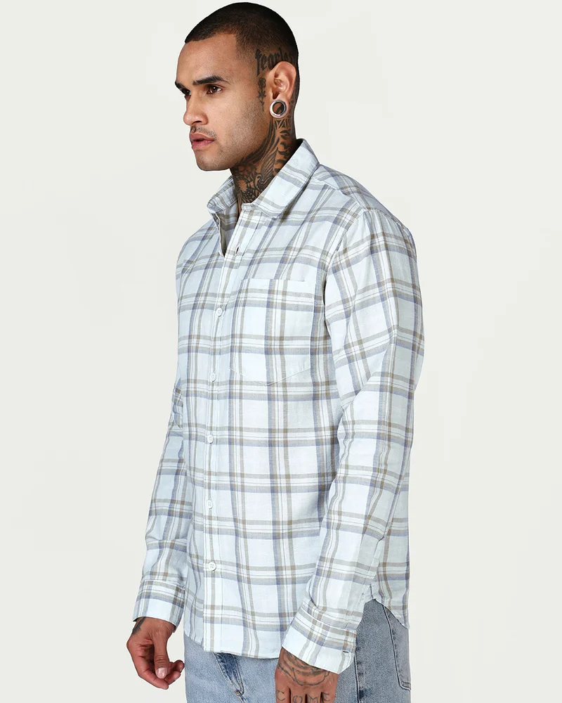 بيواكوف Men's Light Blue Checked Cotton Linen Shirt